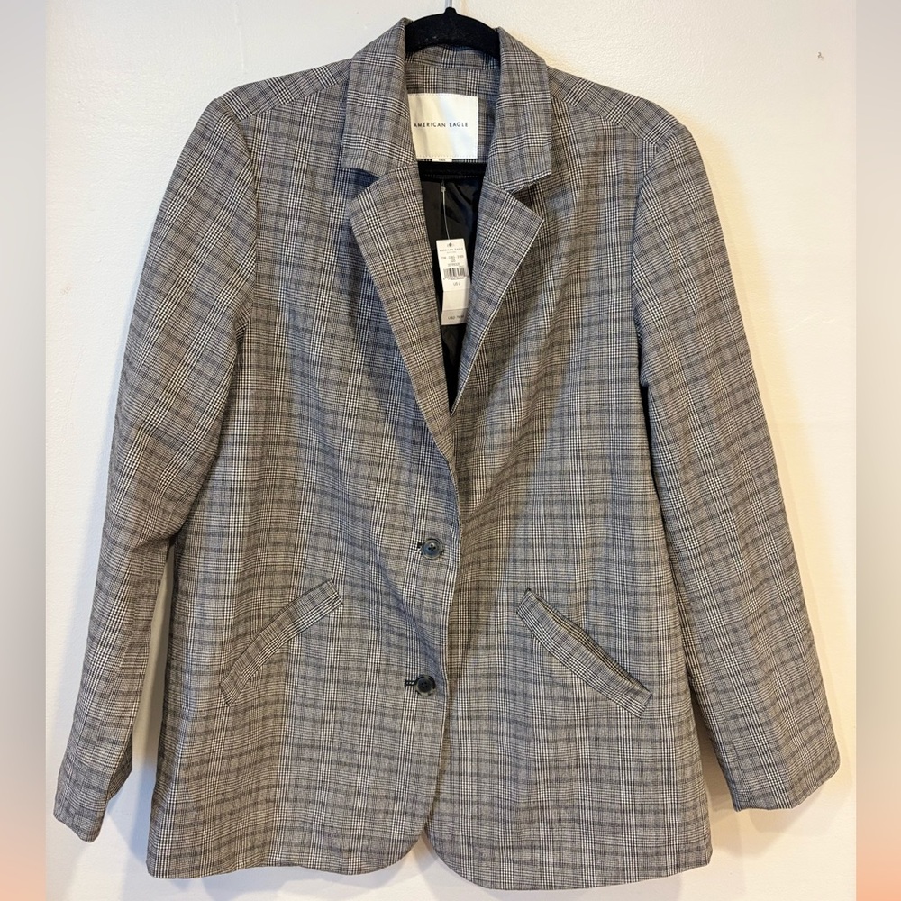 NWT American Eagle Oversized Grey Plaid Striped Boyfriend Blazer Large - Picture 1 of 6